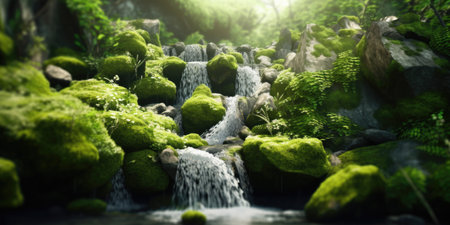 waterfall in green forest with rocks and plants, nature background.の素材