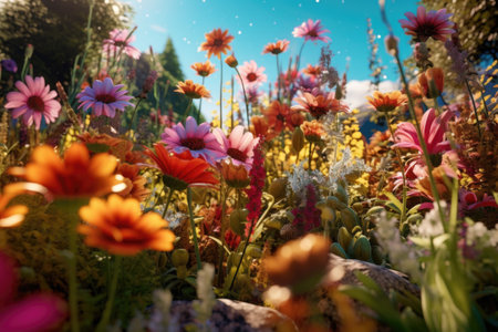 Colorful flowers in the garden on a sunny day with blue skyの素材