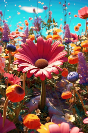Colorful flowers on the background of the blue sky and clouds.の素材