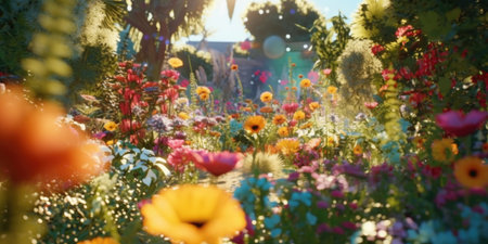 flower garden at sunset. Colorful flowers in the garden. flowers background.の素材