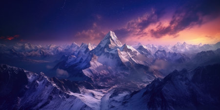 Mountain landscape with snow covered peaks at sunset. panoramic view.の素材