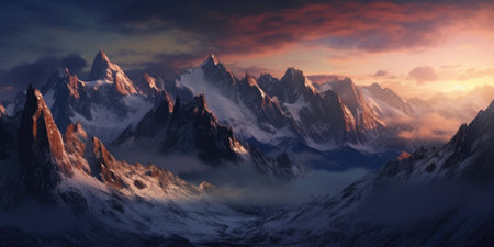Mountain landscape with snow-capped peaks at sunset.の素材