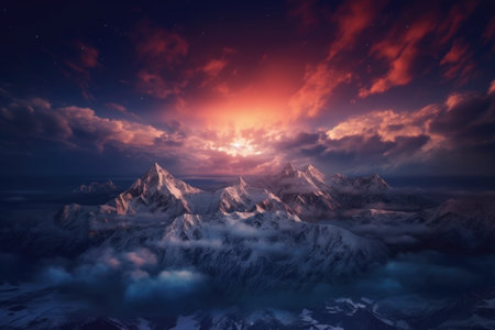 Mountain landscape at sunset with clouds and sun.の素材