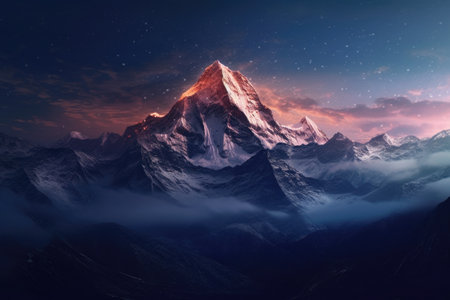 Mountain landscape at sunset with stars and clouds.の素材