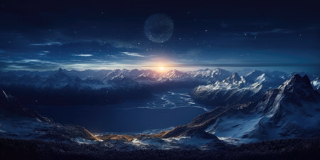 Fantasy landscape with mountains and lake at night. 3の素材