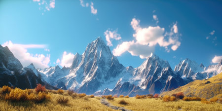 Mountain landscape with blue sky and clouds.の素材