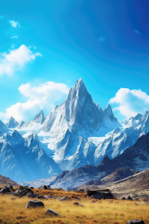 Mountain landscape with snow-capped peaks in the clouds.の素材