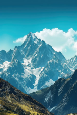 Beautiful mountain landscape with snow-capped peaks and blue skyの素材