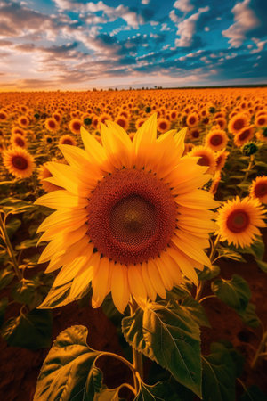 Sunflower field at sunset. Sunflower oil improves skin health and promote cell regeneration.の素材