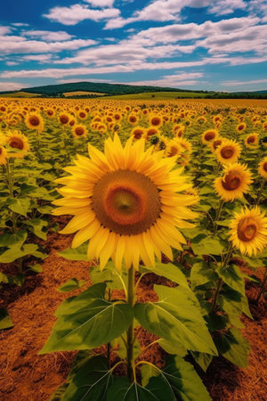 Sunflower field on a sunny day. Ukraine, Europe. beauty world.の素材