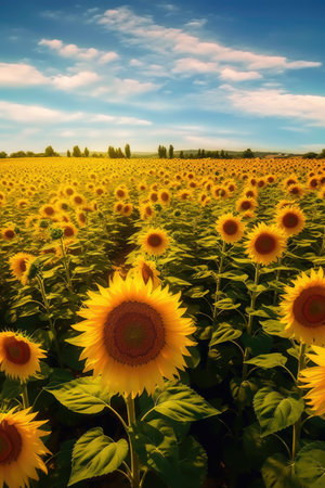 Field of sunflowers on a background of blue sky with cloudsの素材