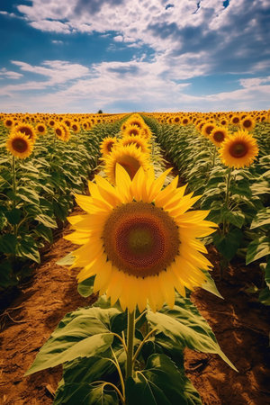 Sunflower field with blue sky and clouds. Sunflower natural background.の素材