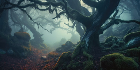 Fantasy dark forest with old tree and moss.の素材