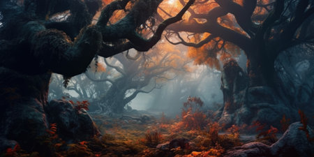 Fantasy landscape with old tree and fog.の素材
