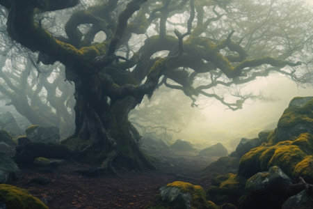 Old mossy tree in a foggy forest in the morning.の素材