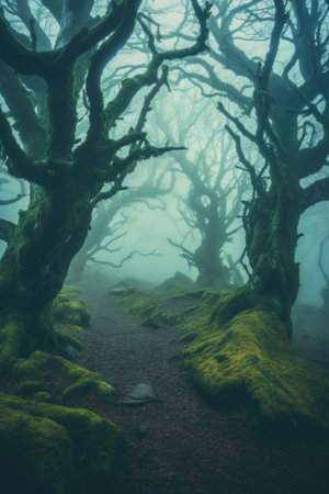 Mystical dark forest with fog and green moss on the groundの素材