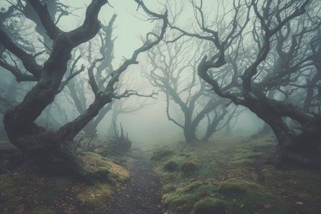 Mysterious forest with fog in the morning. Halloween concept.の素材