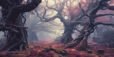 Fantasy landscape with old oak trees in a foggy forest.の素材