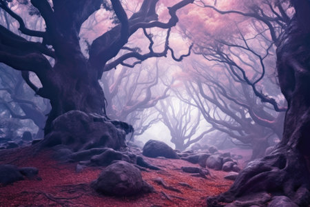 Fantasy landscape with old tree and fog.の素材