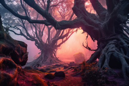 Fantasy dark forest with old tree and fog. Halloween background.の素材