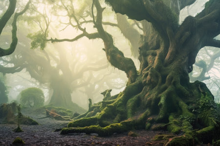 Old tree in a foggy forest, Galicia, Spain.の素材