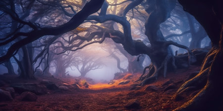 Fantasy landscape of mystical dark forest with fog. 3d renderingの素材