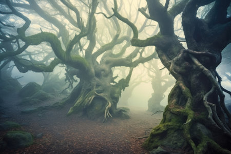 Foggy forest with old tree trunks and mossy branchesの素材