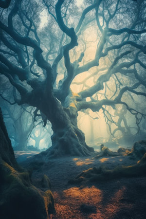 Mysterious dark forest with old tree in fog. halloween backgroundの素材