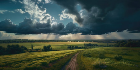 Panoramic view of stormy sky over green meadow.の素材