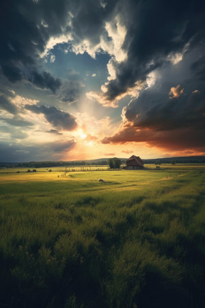 Beautiful sunset over a farm field. Rural landscape. vintage style.の素材