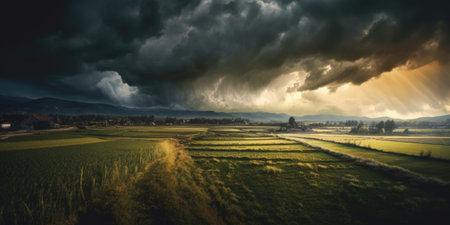 Panoramic view of rice fields and stormy sky in the countrysideの素材