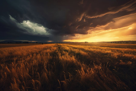 Dramatic sunset over wheat field. Dramatic sky with storm cloudsの素材