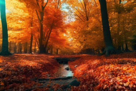 Beautiful autumn landscape with a stream in the forest at sunset.の素材