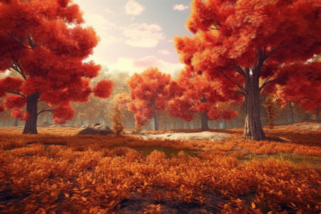 autumn landscape with red trees and fallen leaves,の素材