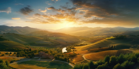 Beautiful sunset over Tuscany, Italy. panoramic viewの素材