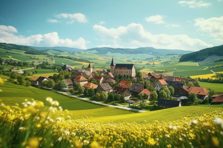 village in the spring with yellow flowers and blue sky - retro styleの素材