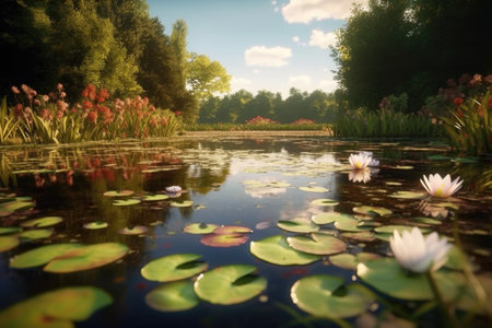 Beautiful pond with lilies and other flowers in the park.の素材