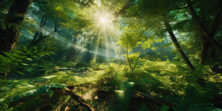 Fantasy forest with sunbeams and green trees.の素材
