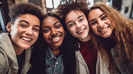 beautiful african american girls smiling and looking at camera in cafeの素材