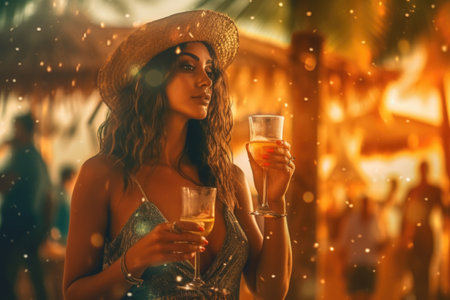 Portrait of beautiful young woman drinking champagne on the beach at sunsetの素材