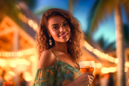 Beautiful young woman with glass of wine on the beach at nightの素材