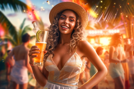 Beautiful girl in hat with glass of cocktail on beach party backgroundの素材