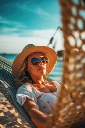 Beautiful young woman in hat and sunglasses relaxing on hammock on the beachの素材
