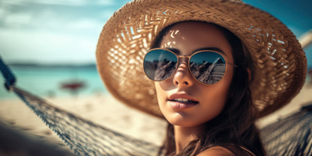 Beautiful young woman in hat and sunglasses lying in hammock on beachの素材