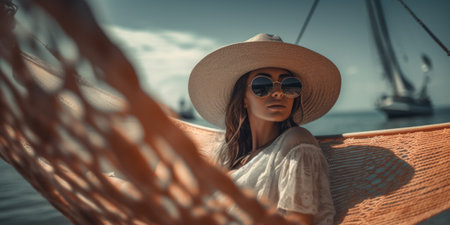 Portrait of beautiful young woman in straw hat and sunglasses relaxing in hammock on the beach.の素材