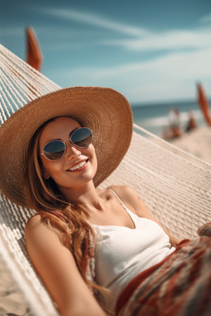Beautiful young woman in hat and sunglasses relaxing in hammock on yachtの素材