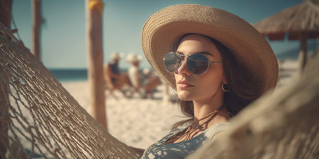 Young woman in hat and sunglasses relaxing in hammock on the beachの素材