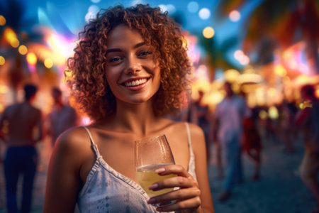 Portrait of a smiling young woman with a glass of champagne at a beach partyの素材