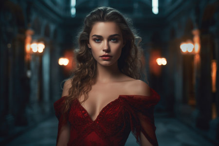 Portrait of beautiful young woman in red dress. fashion shot.の素材