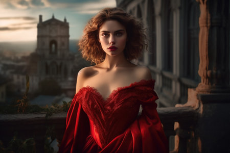 Portrait of a beautiful woman with curly hair in a red dress.の素材